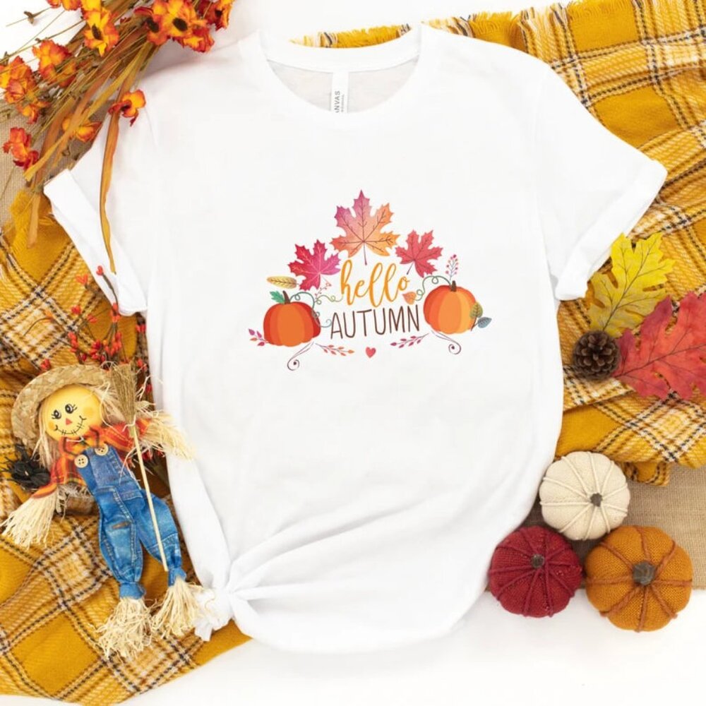Hello Autumn T-shirt With Leaves And Pumpkins, Cute Autumn Love Shirt